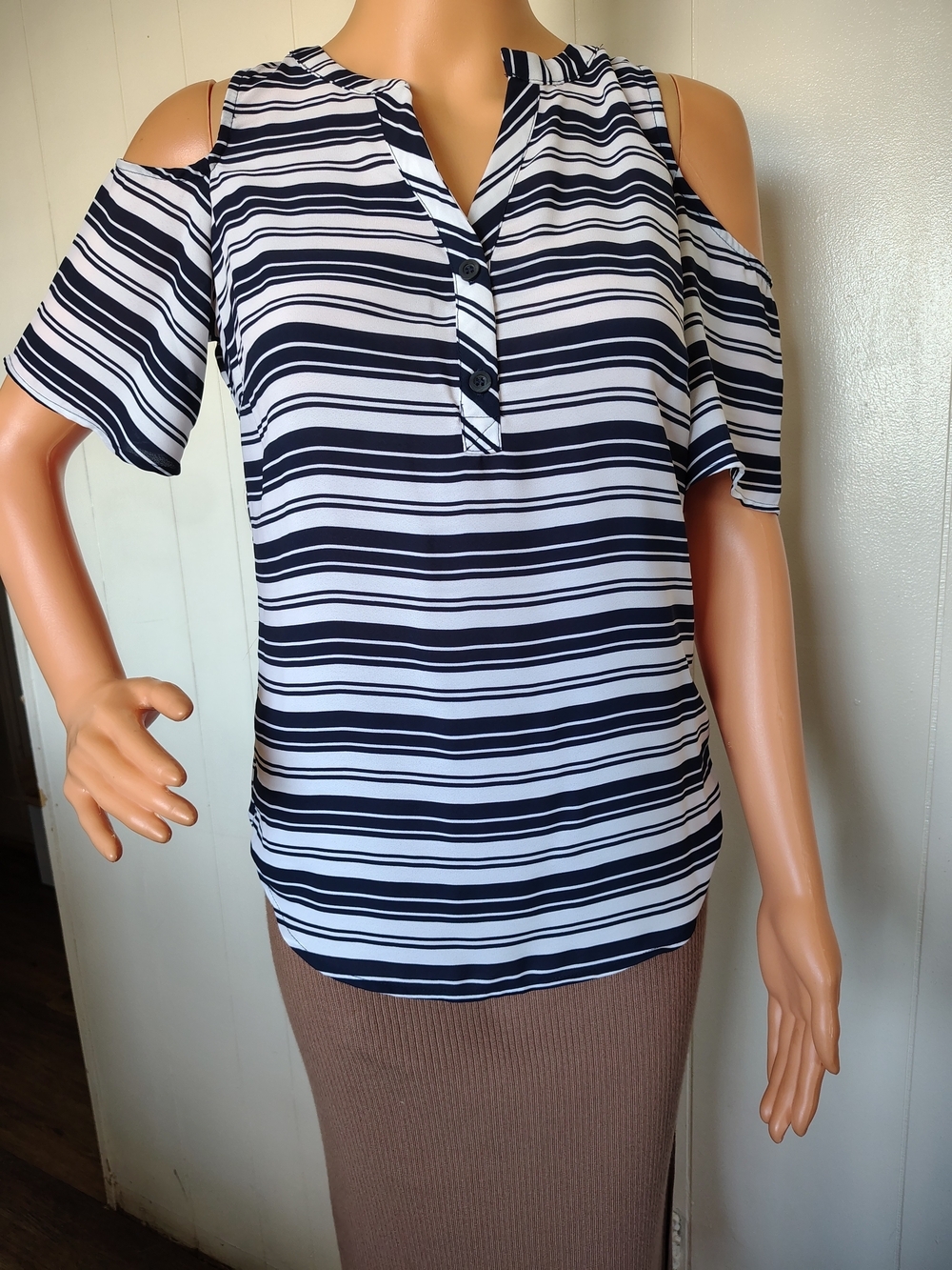 Soho New York & Company Navy and White Striped Cold-Shoulder Blouse XS